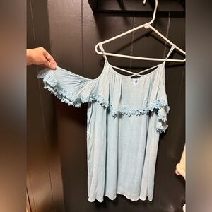 Light Blue Off-Shoulder Dress with Lace Trim